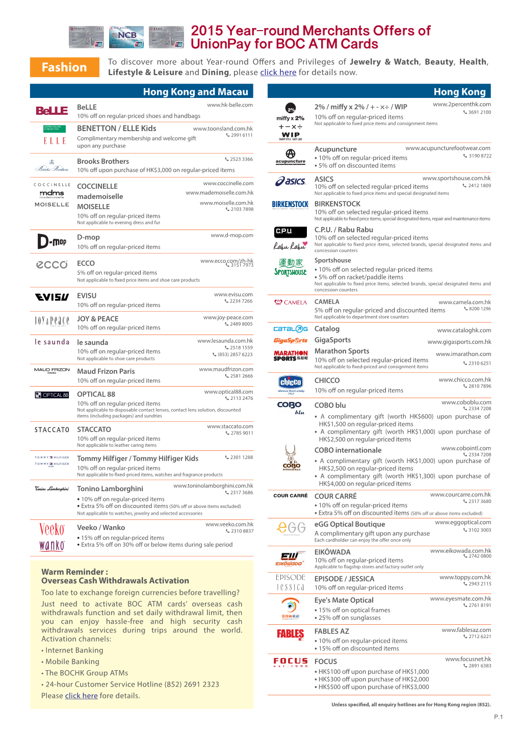 2015 Year-Round Merchants Offers of Unionpay for BOC ATM Cards