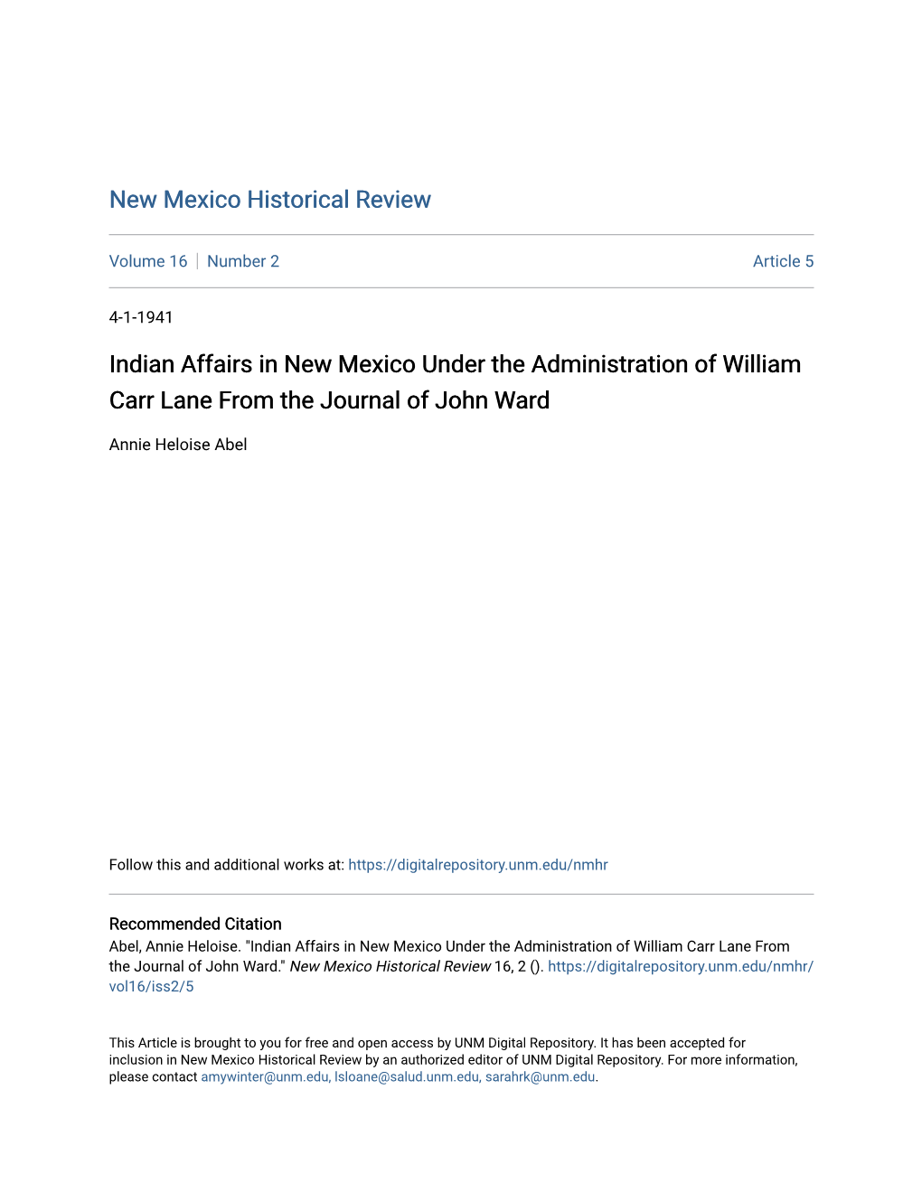 Indian Affairs in New Mexico Under the Administration of William Carr Lane from the Journal of John Ward