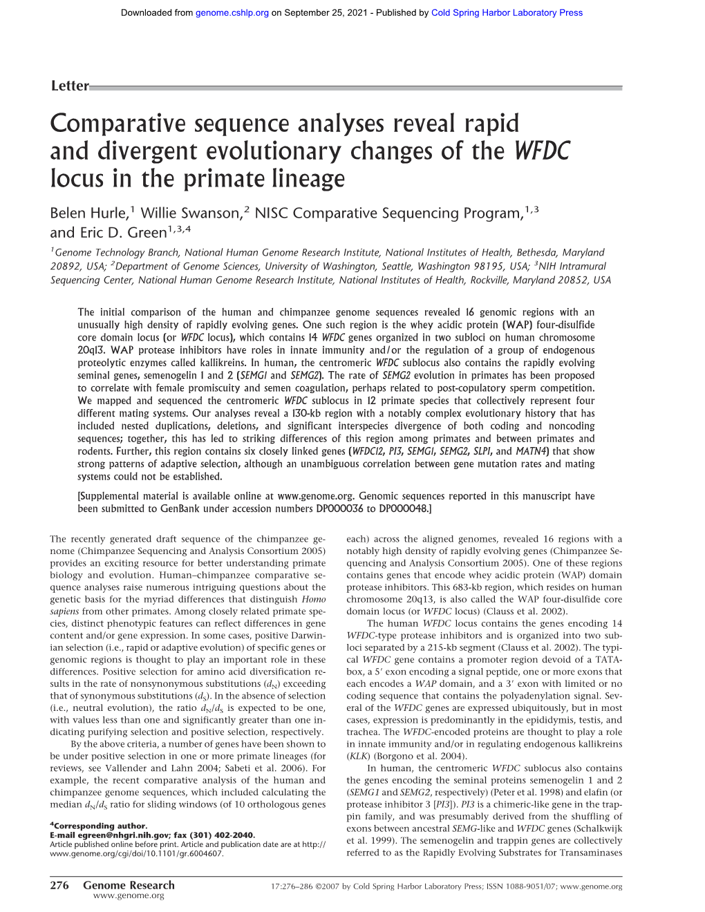 Comparative Sequence Analyses Reveal Rapid and Divergent Evolutionary Changes of the WFDC Locus in the Primate Lineage