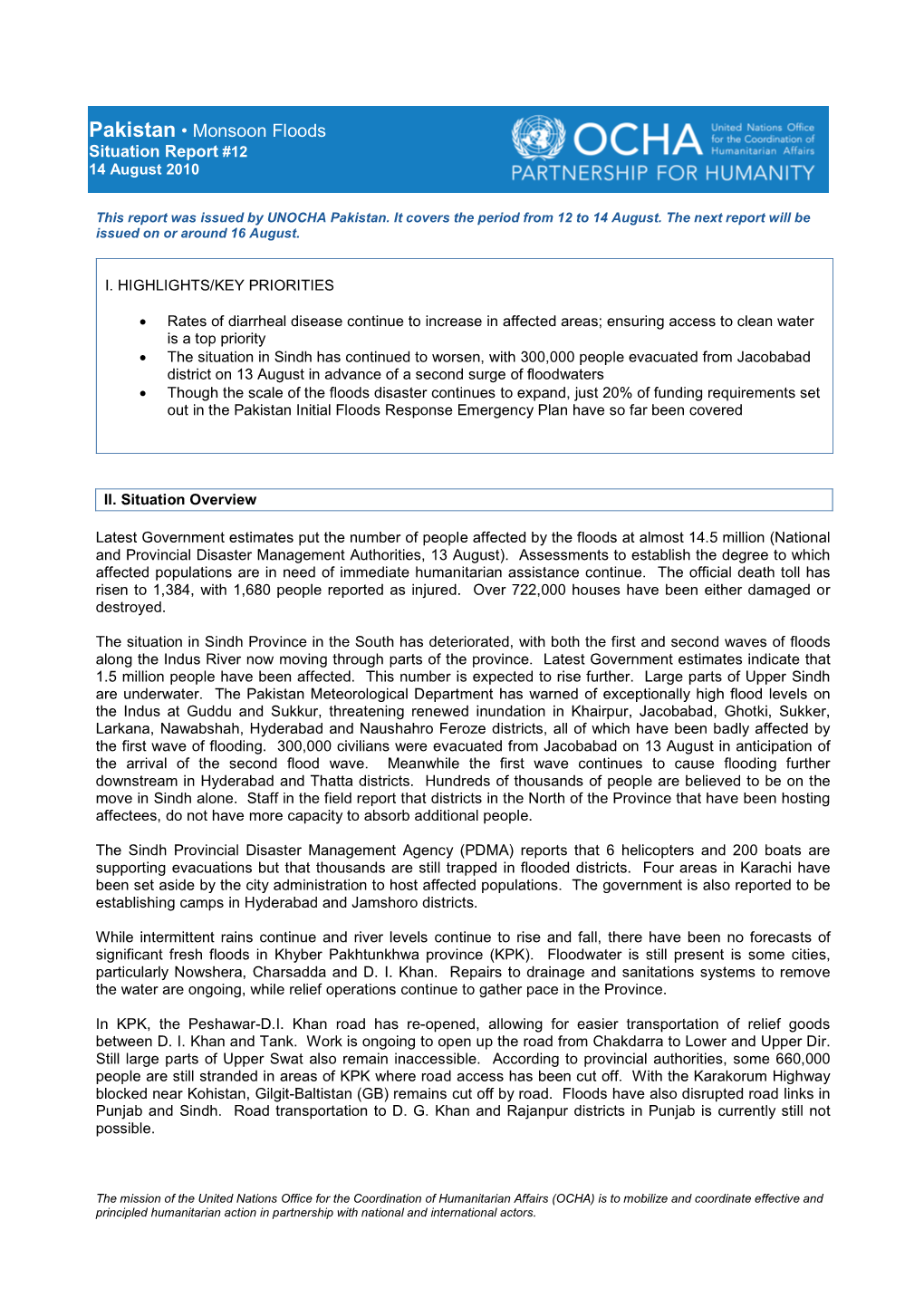 Pakistan • Monsoon Floods Situation Report #12 14 August 2010