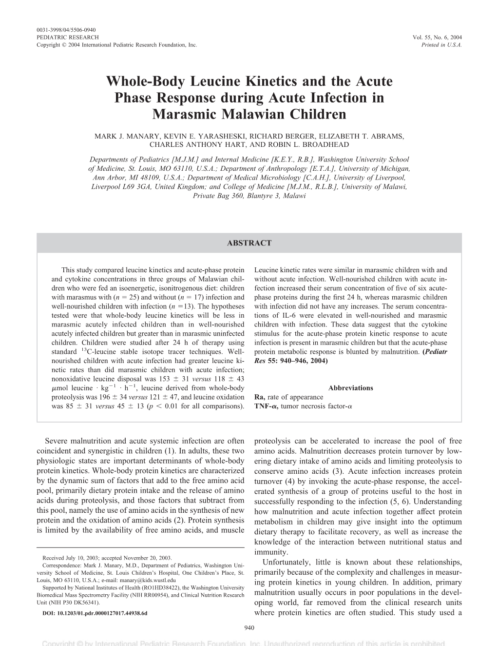 Whole-Body Leucine Kinetics and the Acute Phase Response During Acute Infection in Marasmic Malawian Children