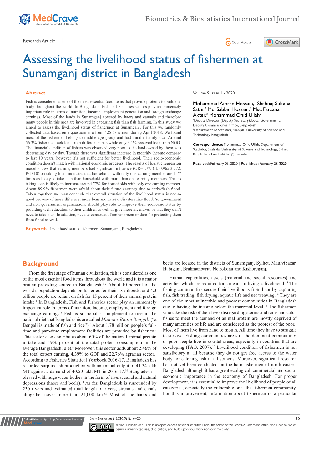 Assessing the Livelihood Status of Fishermen at Sunamganj District in Bangladesh