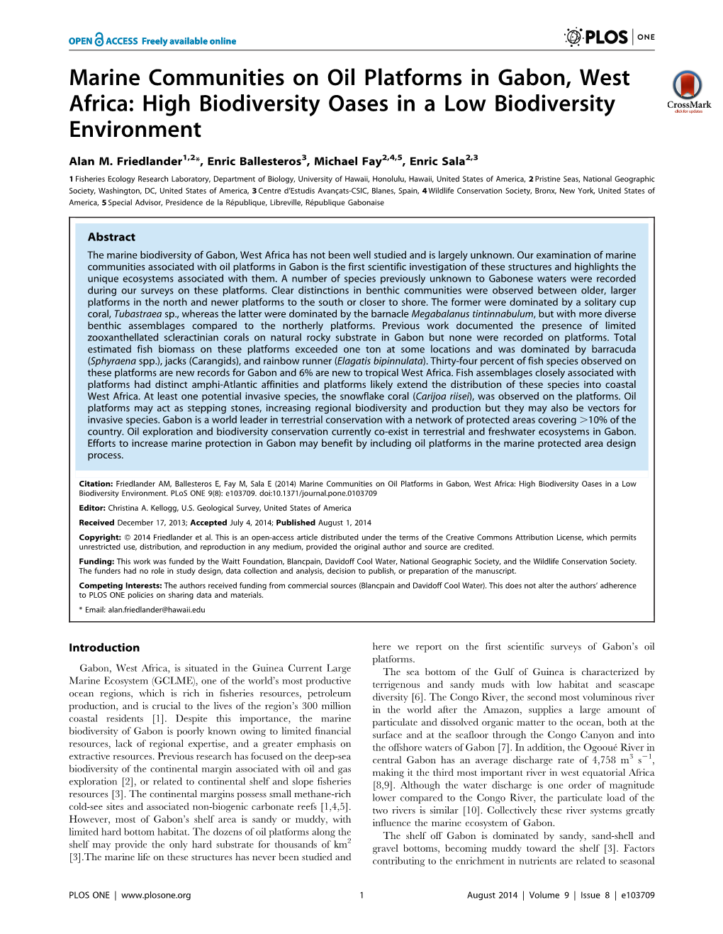 Marine Communities on Oil Platforms in Gabon, West Africa: High Biodiversity Oases in a Low Biodiversity Environment