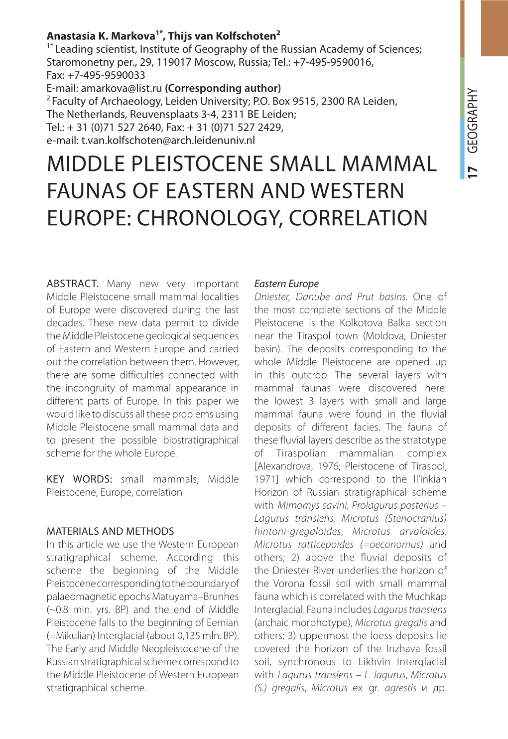 Middle Pleistocene Small Mammal Faunas of Eastern and Western Europe: Chronology, Correlation