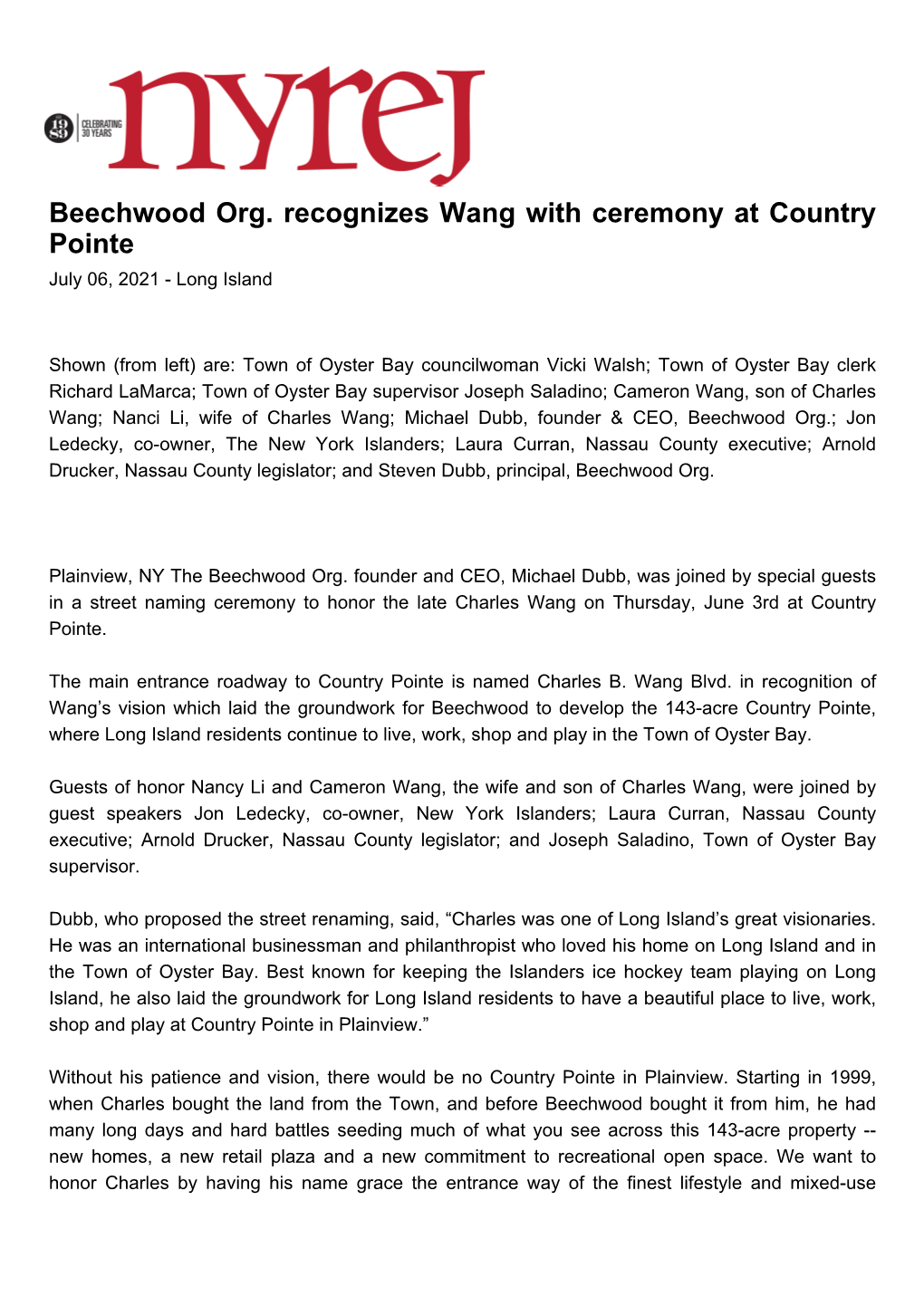 Beechwood Org. Recognizes Wang with Ceremony at Country Pointe July 06, 2021 - Long Island