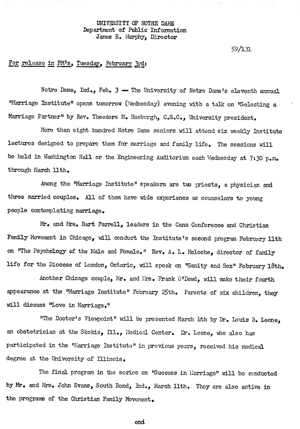 Notre Dame Press Releases, 1959/02
