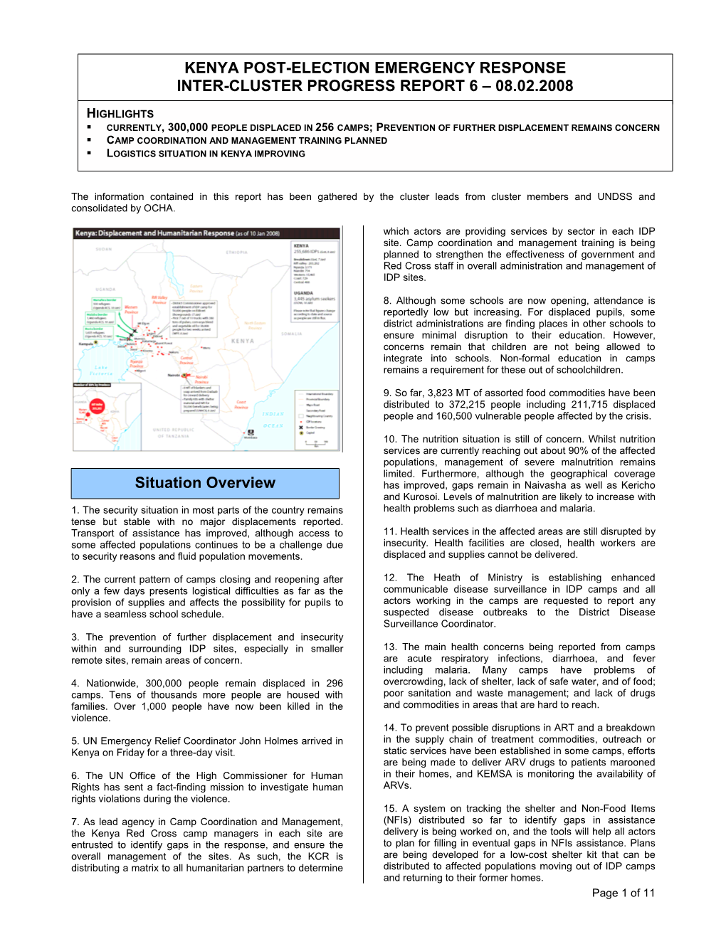 Kenya Post-Election Emergency Response Inter-Cluster Progress Report 6 – 08.02.2008