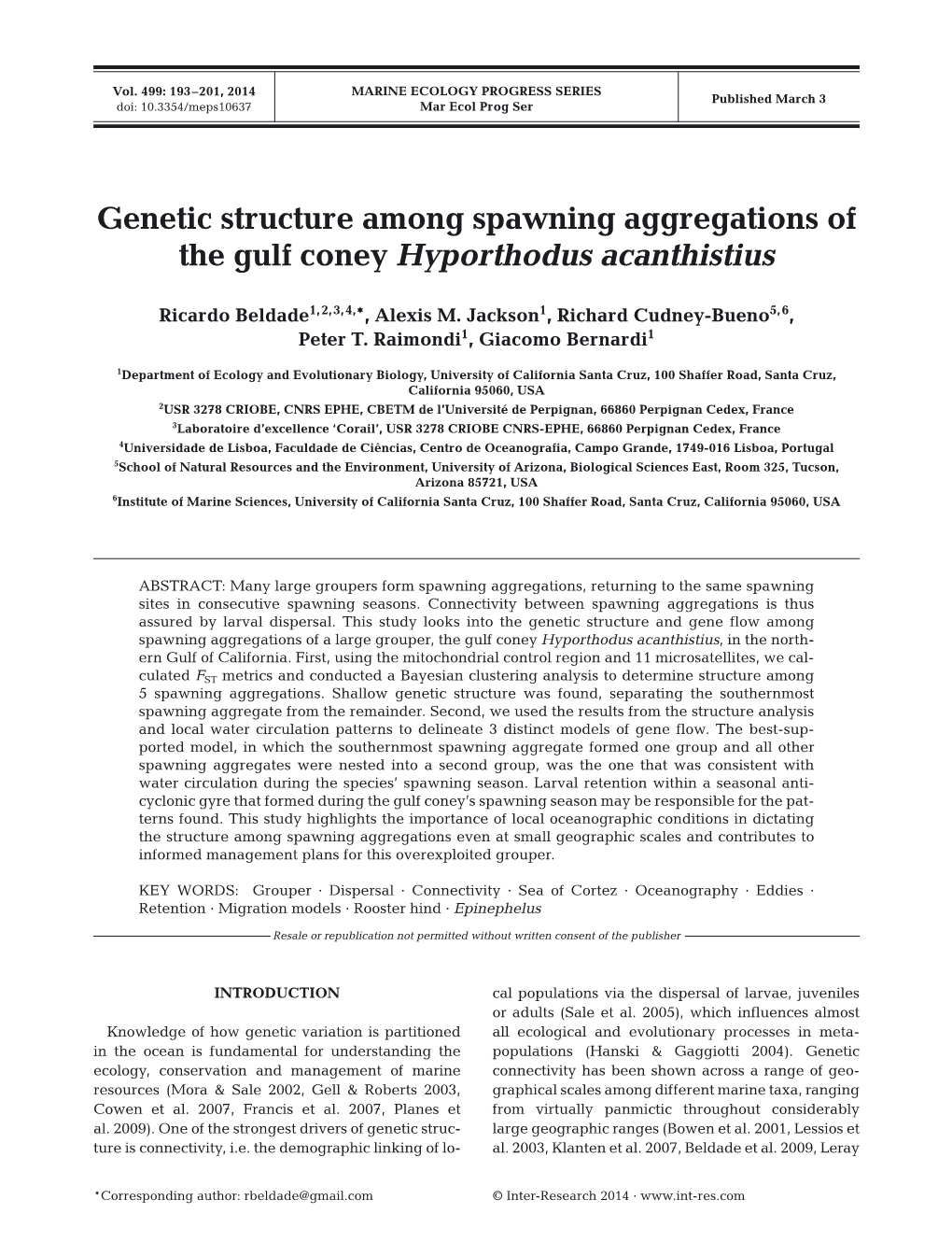 Genetic Structure Among Spawning Aggregations of the Gulf Coney Hyporthodus Acanthistius