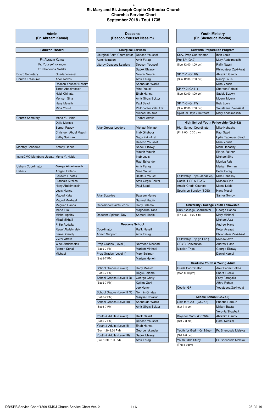 St. Mary and St. Joseph Coptic Orthodox Church Church's Service Chart September 2018 / Tout 1735