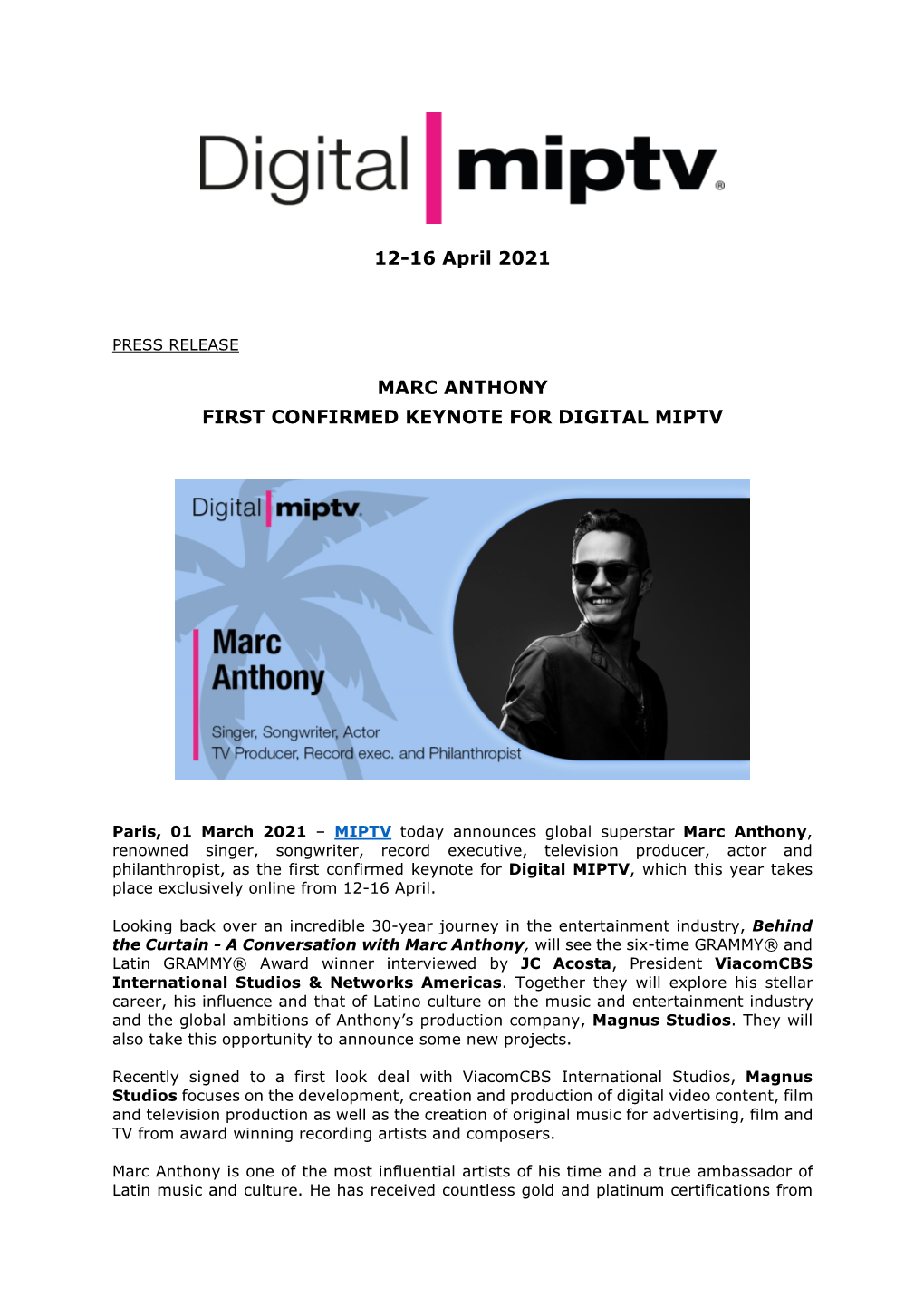12-16 April 2021 MARC ANTHONY FIRST CONFIRMED KEYNOTE