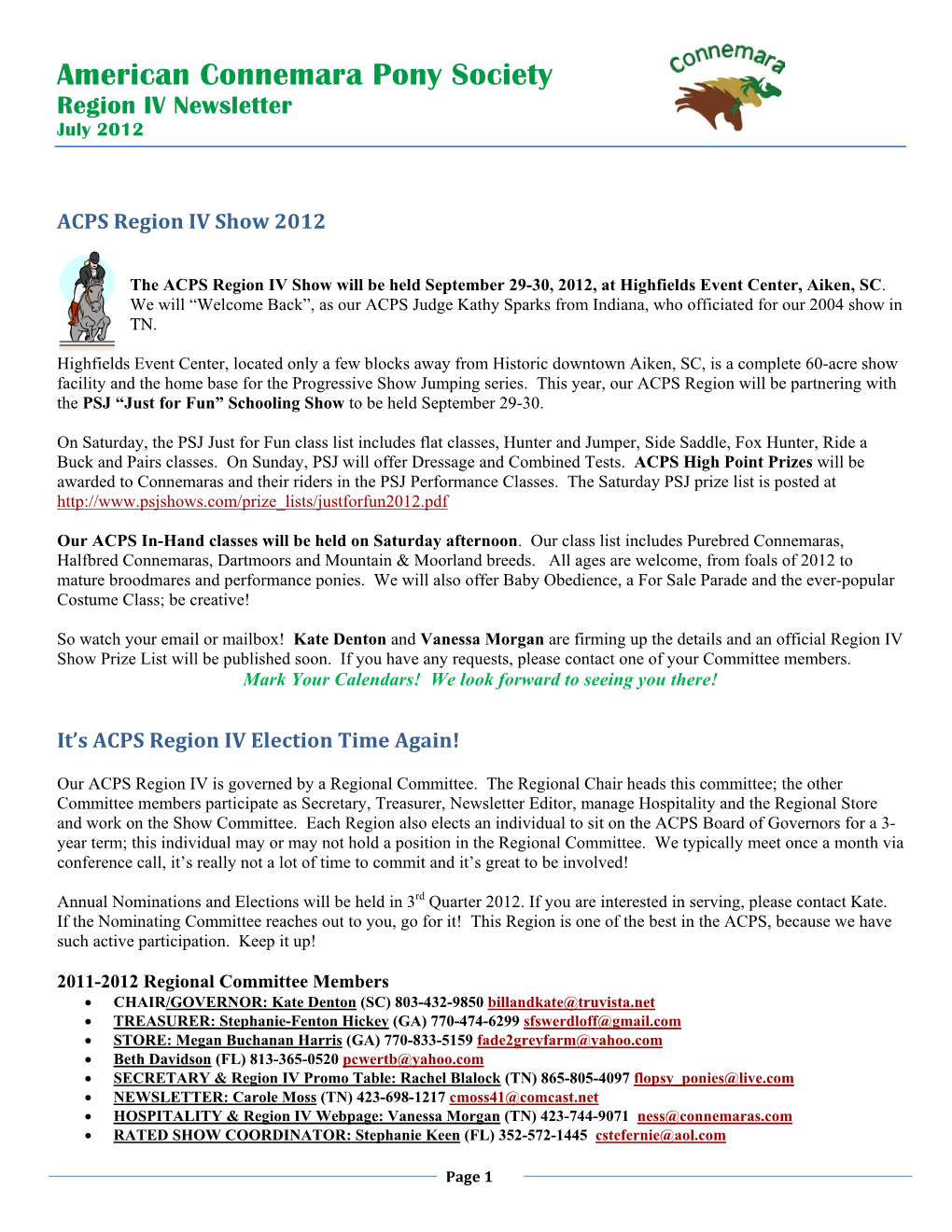 American Connemara Pony Society Region IV Newsletter July 2012