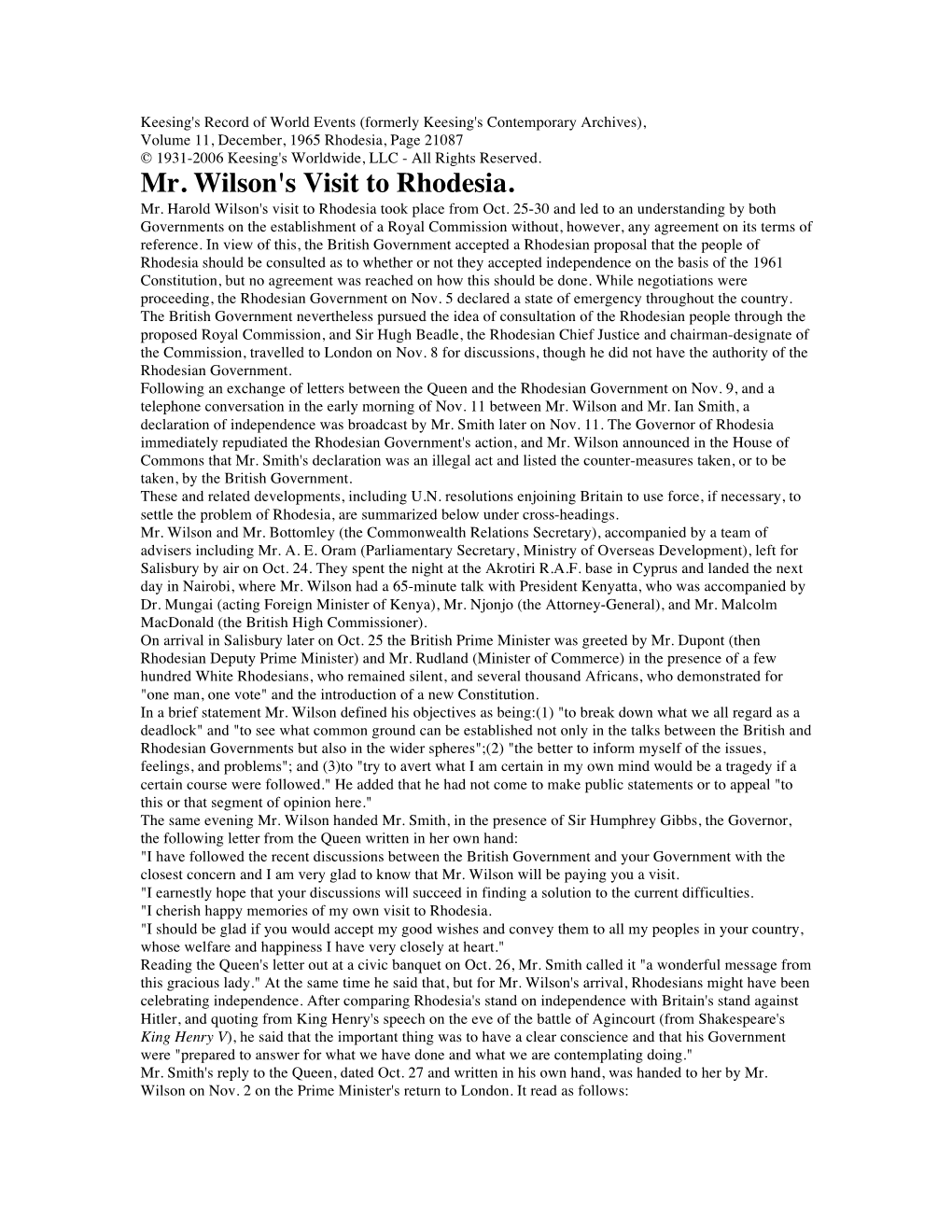 Mr. Wilson's Visit to Rhodesia. Mr