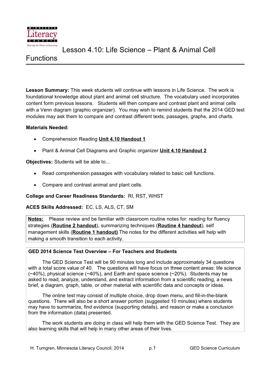 Comprehension Reading Unit 4.10 Handout 1