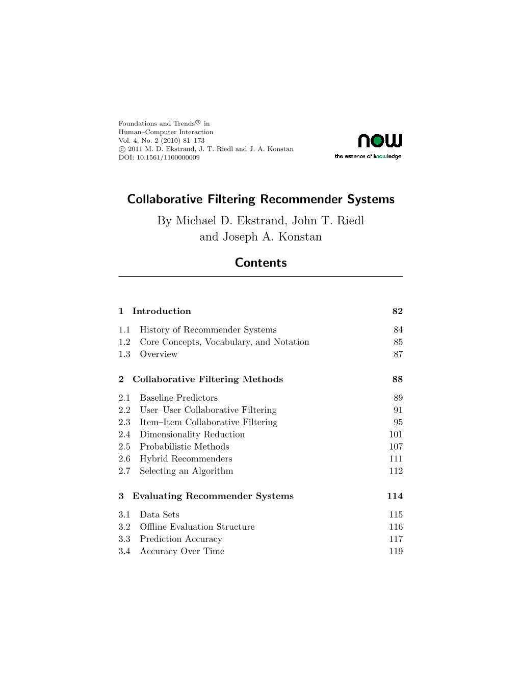 Collaborative Filtering Recommender Systems Contents