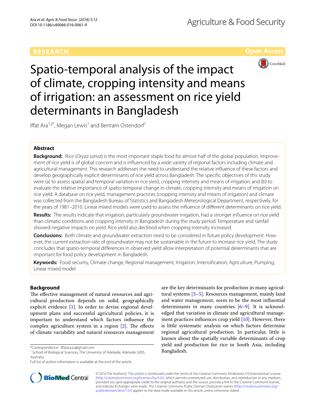 Spatio-Temporal Analysis of the Impact of Climate, Cropping Intensity and Means of Irrigation: an Assessment on Rice Yield Deter