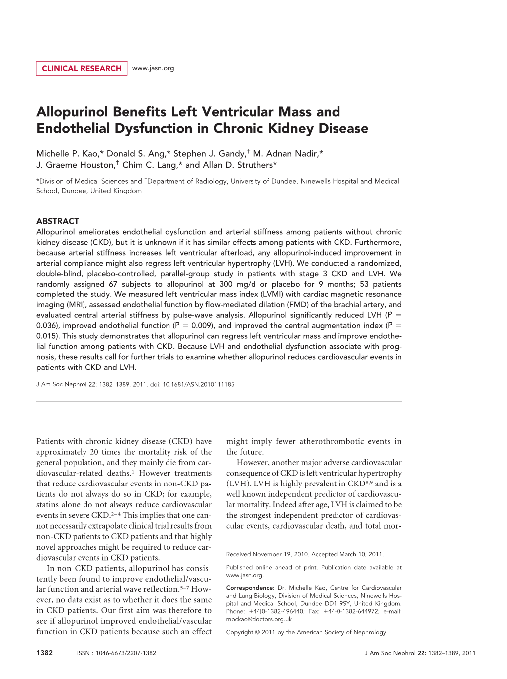 Allopurinol Benefits Left Ventricular Mass and Endothelial Dysfunction in Chronic Kidney Disease