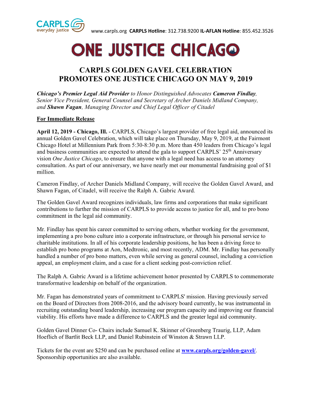 Carpls Golden Gavel Celebration Promotes One Justice Chicago on May 9, 2019