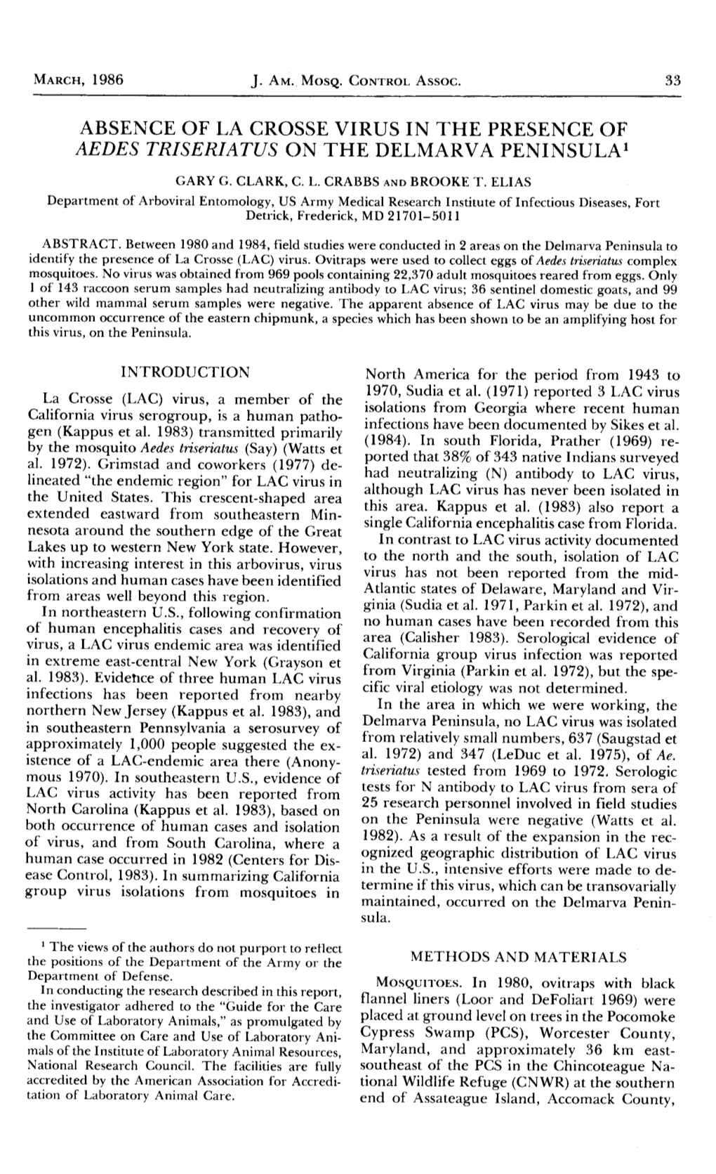 Absence of La Crosse Virus in the Presence of Aedes Triseriatus on The