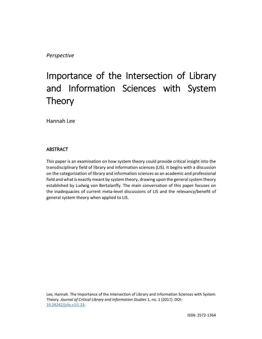 Importance of the Intersection of Library and Information Sciences with System Theory