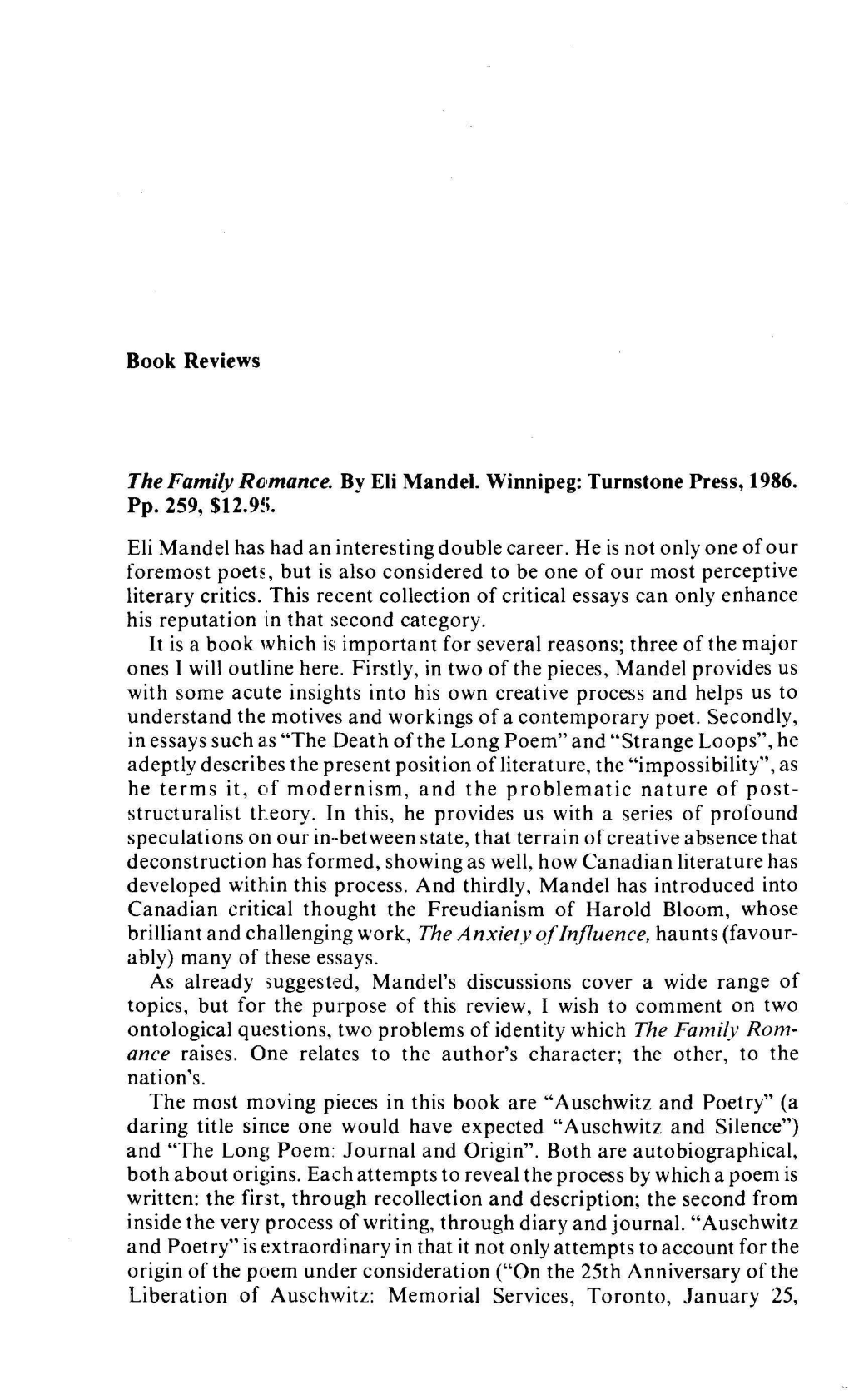 Book Reviews the Family Rlj,Mance. by Eli Mandel. Winnipeg