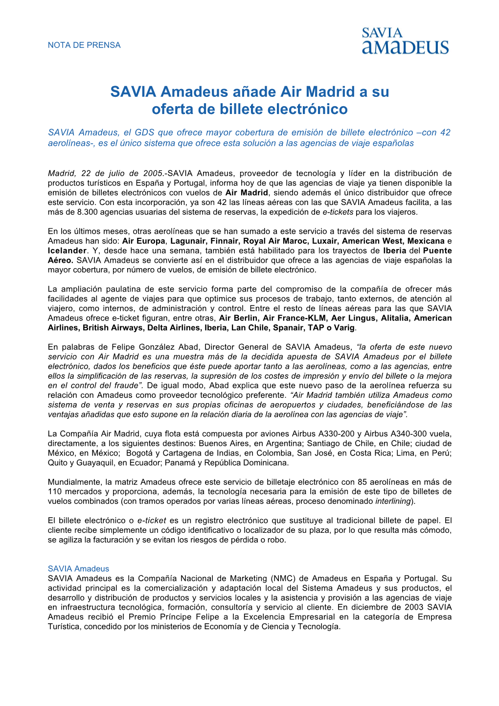 SAVIA Amadeus Añade Air Madrid a Su Oferta De Billete Electrónico