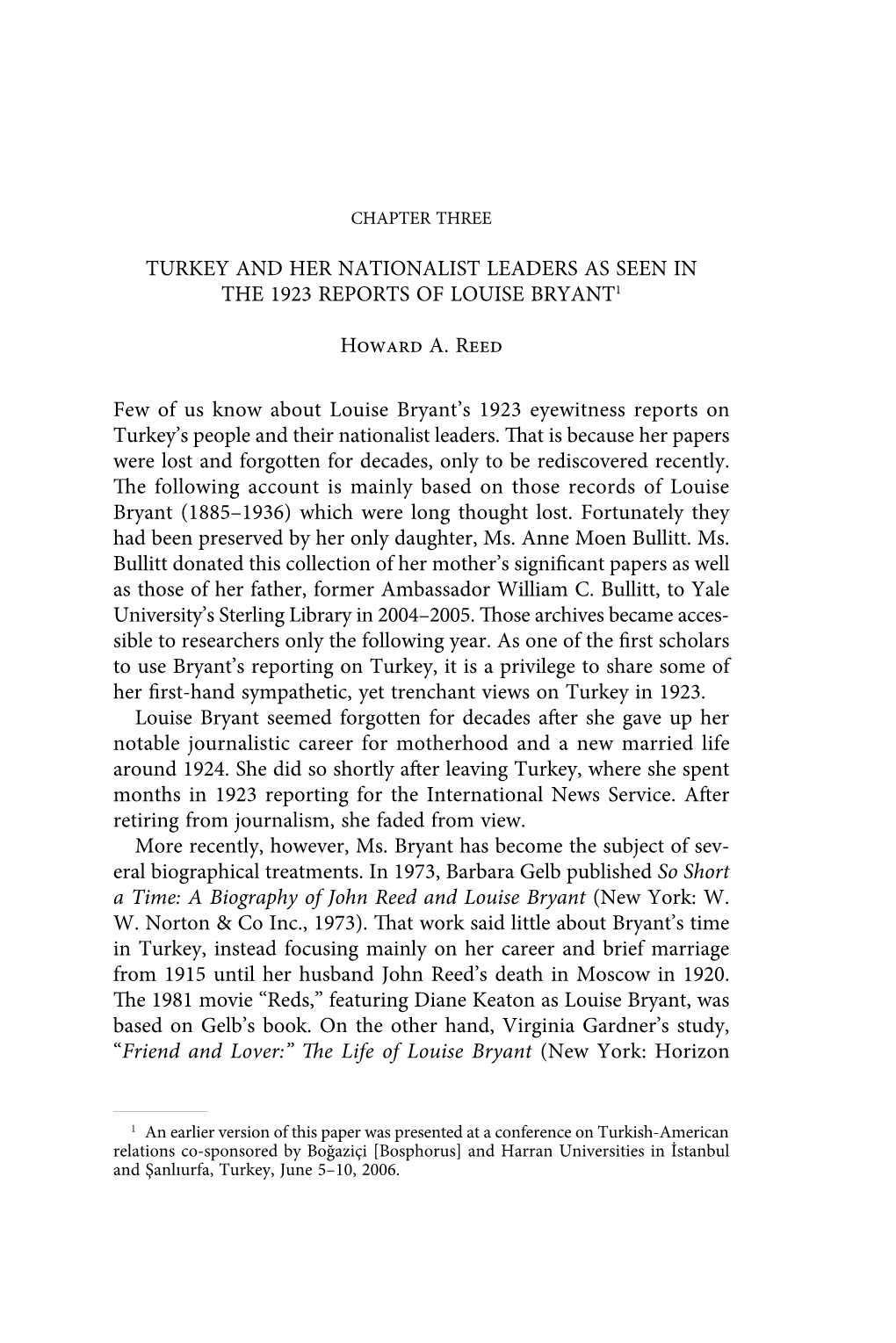 Turkey and Her Nationalist Leaders As Seen in the 1923 Reports of Louise Bryant1