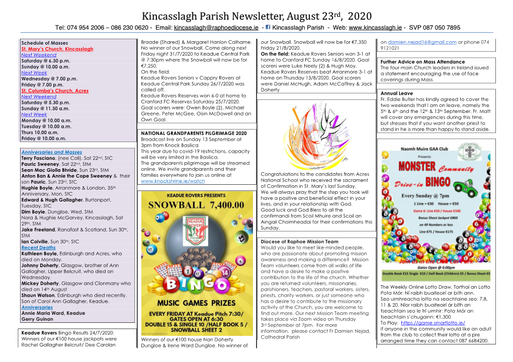 Kincasslagh Parish Newsletter, August 23Rd, 2020