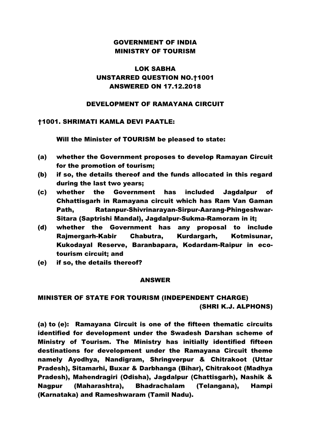 Government of India Ministry of Tourism Lok Sabha