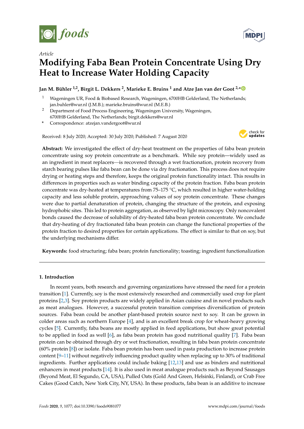 Modifying Faba Bean Protein Concentrate Using Dry Heat to Increase Water Holding Capacity