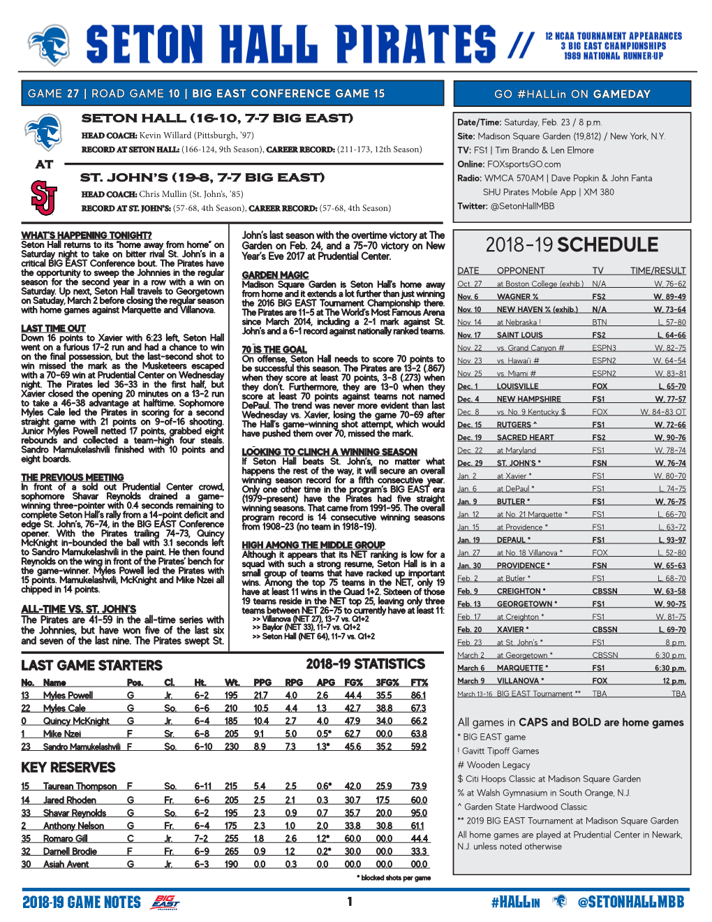 2018-19 SCHEDULE Saturday Night to Take on Bitter Rival St