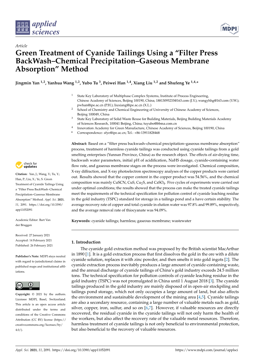 Green Treatment of Cyanide Tailings Using a “Filter Press Backwash–Chemical Precipitation–Gaseous Membrane Absorption” Method