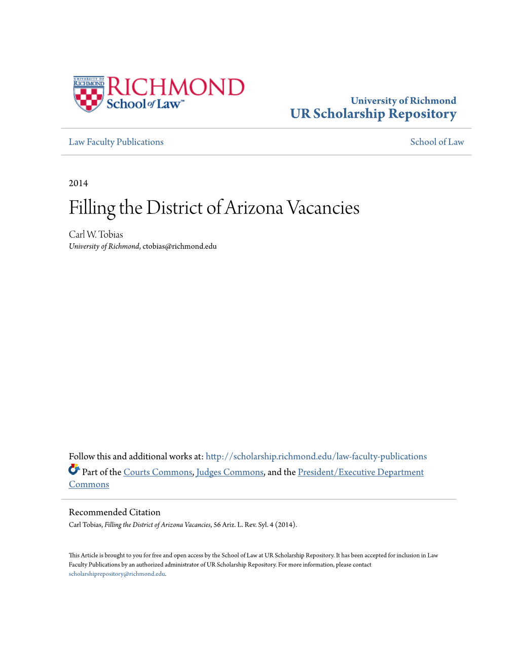 Filling the District of Arizona Vacancies Carl W