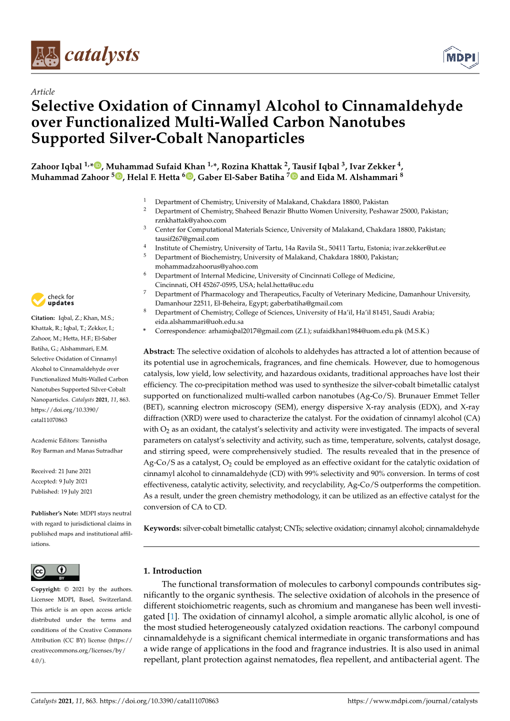 Selective Oxidation of Cinnamyl Alcohol to Cinnamaldehyde Over Functionalized Multi-Walled Carbon Nanotubes Supported Silver-Cobalt Nanoparticles