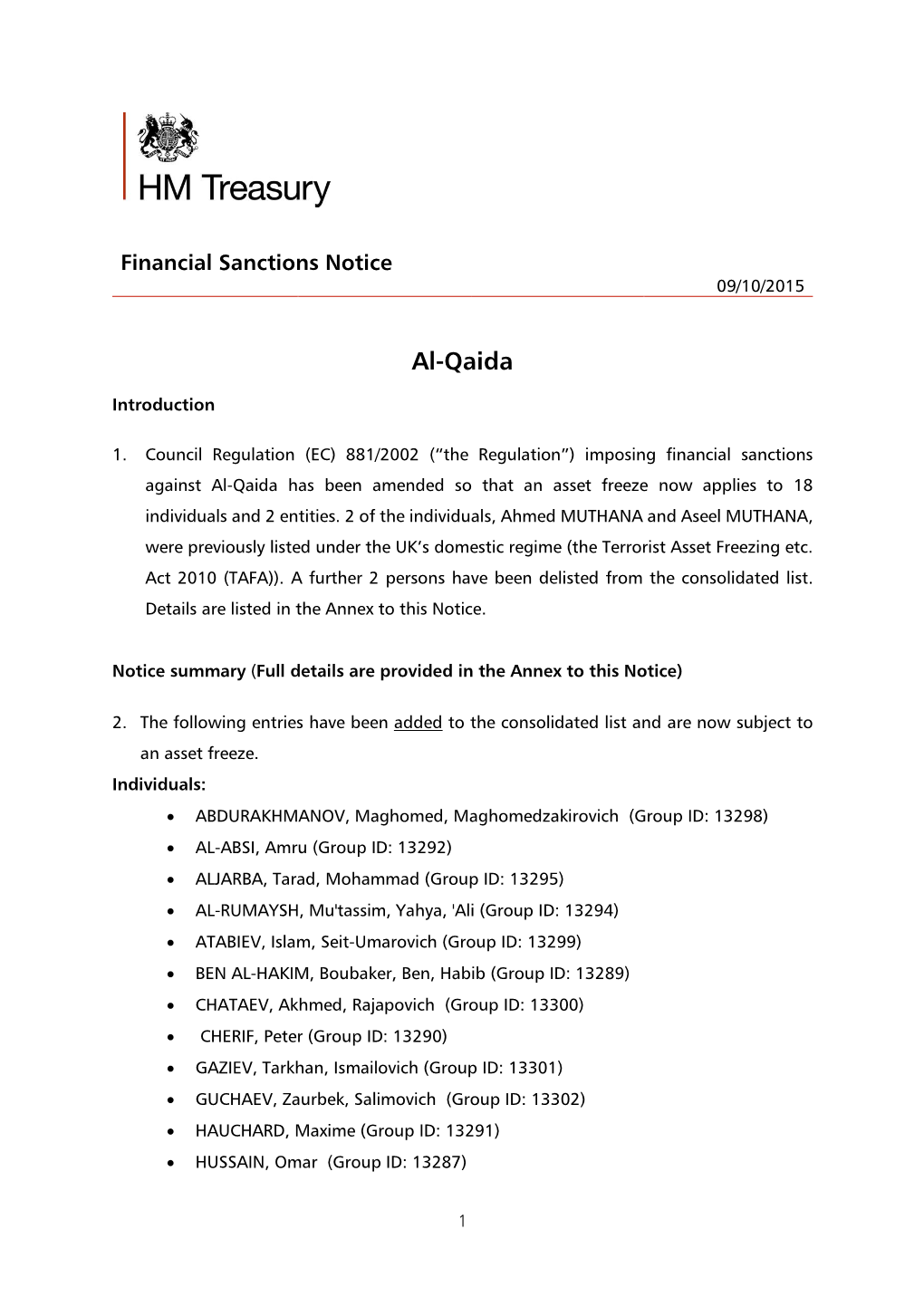 FINANCIAL SANCTIONS: AL-QAIDA COMMISSION IMPLEMENTING REGULATION (EU) No 2015/1815