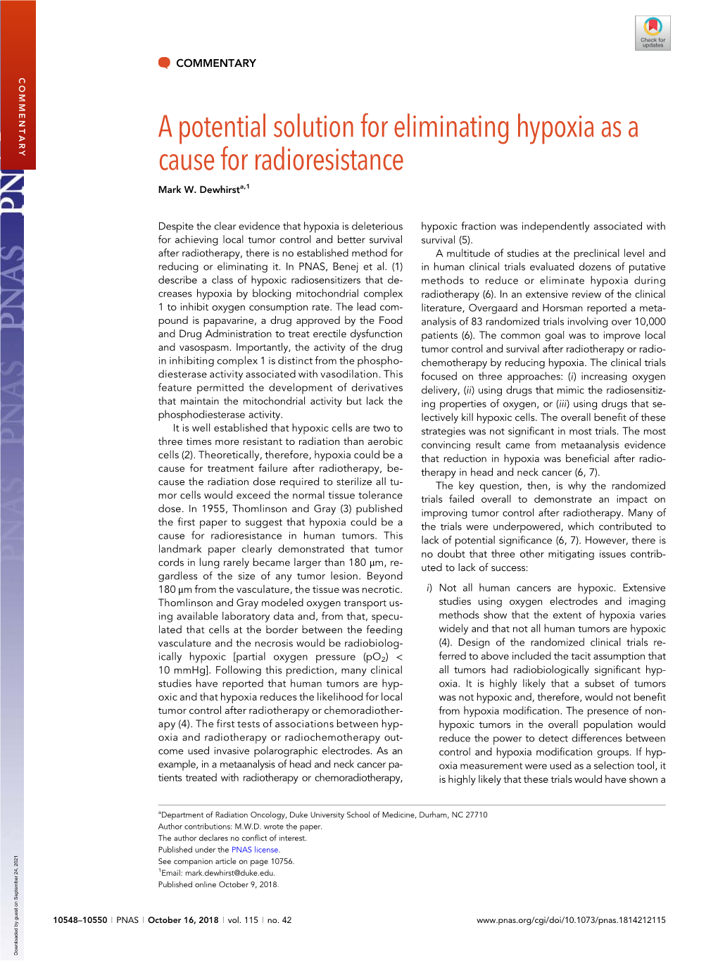 A Potential Solution for Eliminating Hypoxia As a Cause for Radioresistance Mark W