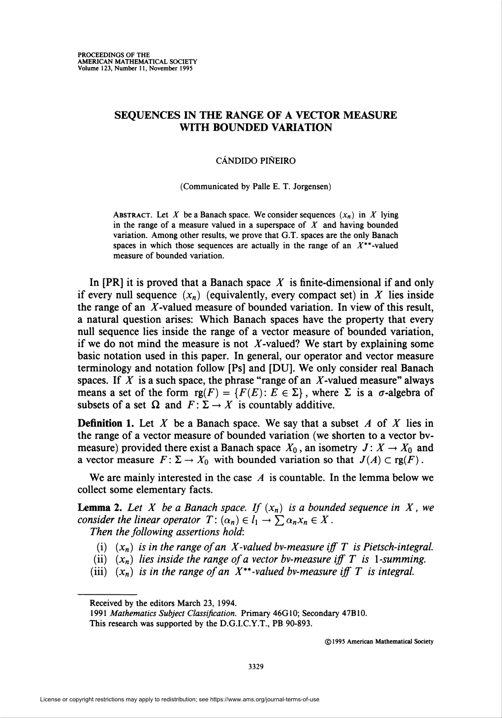 Sequences in the Range of a Vector Measure with Bounded Variation