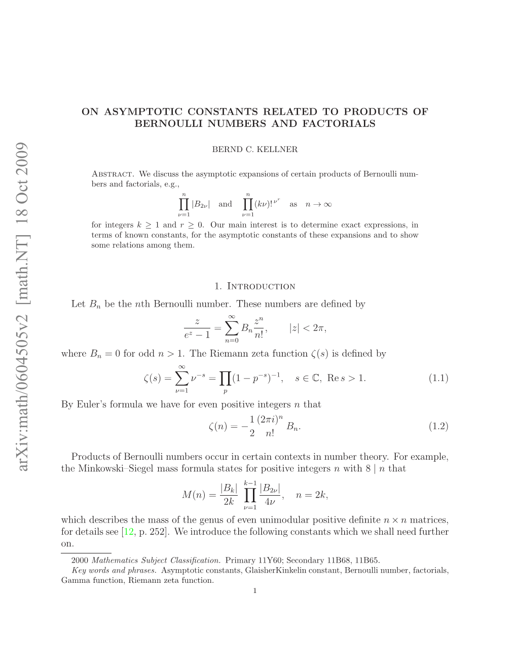 On Asymptotic Constants Related to Products of Bernoulli Numbers and Factorials