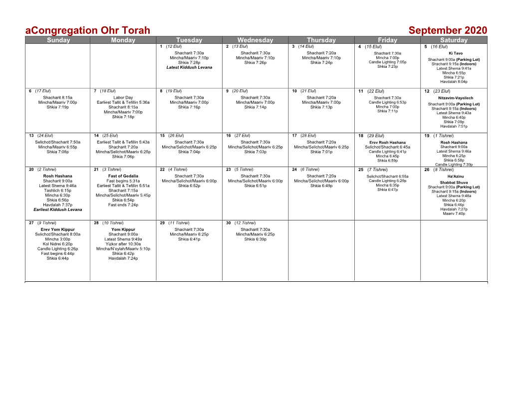 Acongregation Ohr Torah September 2020