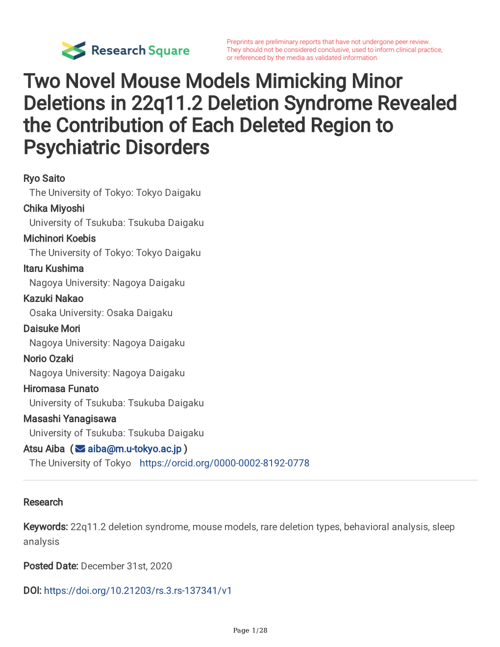 Two Novel Mouse Models Mimicking Minor Deletions in 22Q11.2 Deletion Syndrome Revealed the Contribution of Each Deleted Region to Psychiatric Disorders