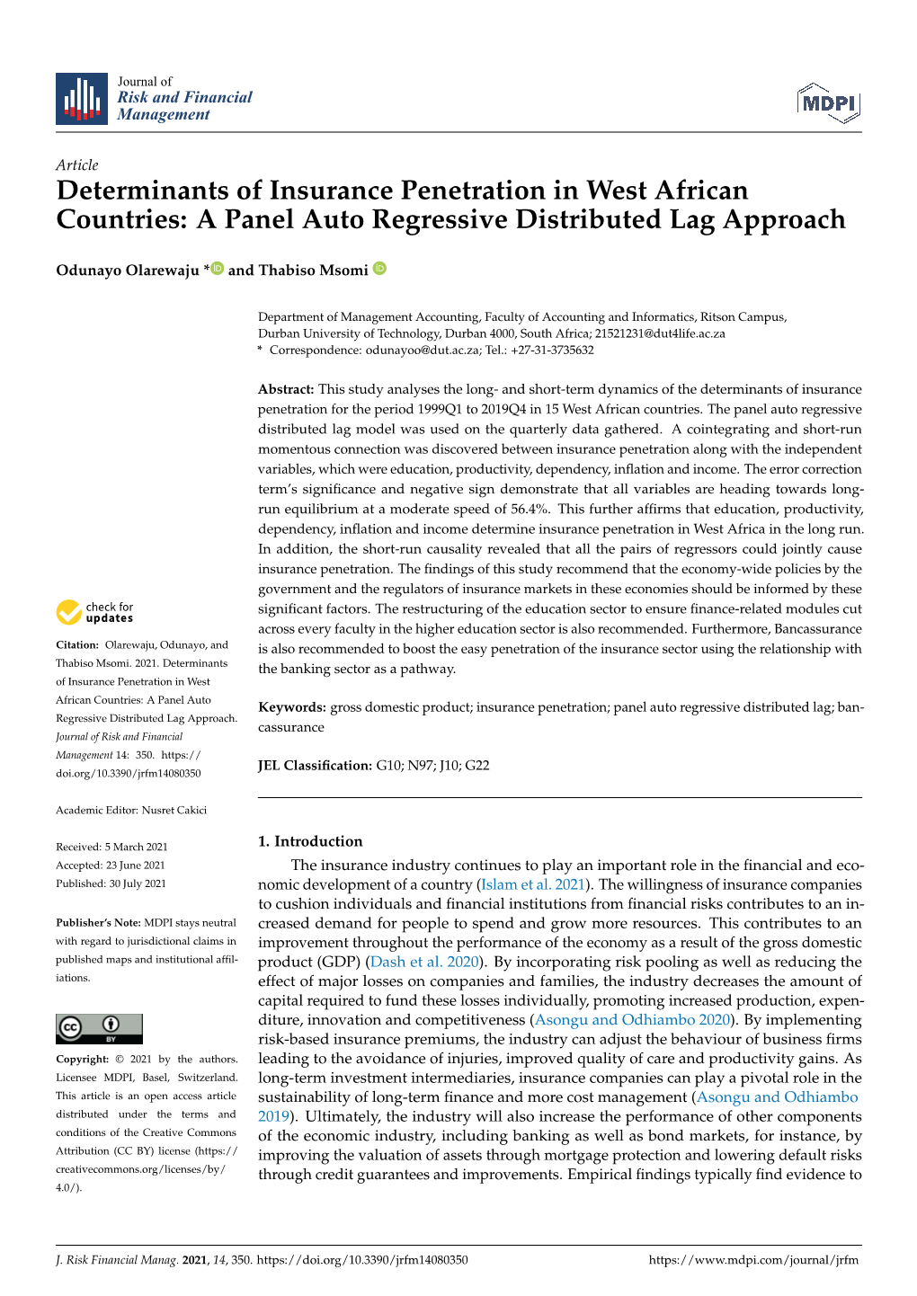 Determinants of Insurance Penetration in West African Countries: a Panel Auto Regressive Distributed Lag Approach