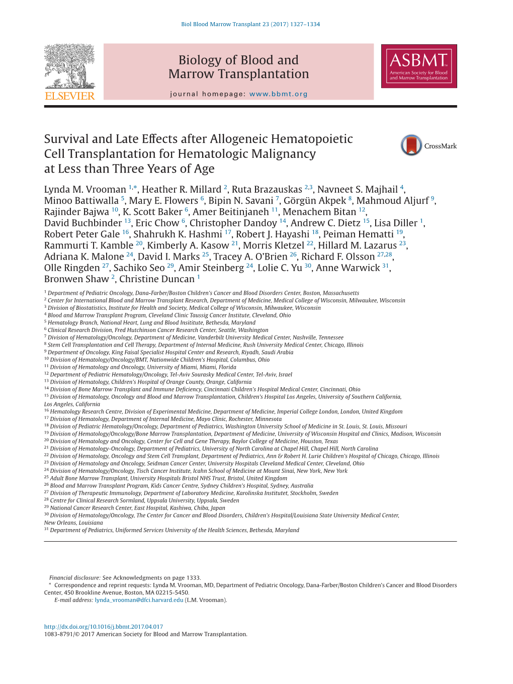 Survival and Late Effects After Allogeneic Hematopoietic Cell Transplantation for Hematologic Malignancy at Less Than Three Years of Age
