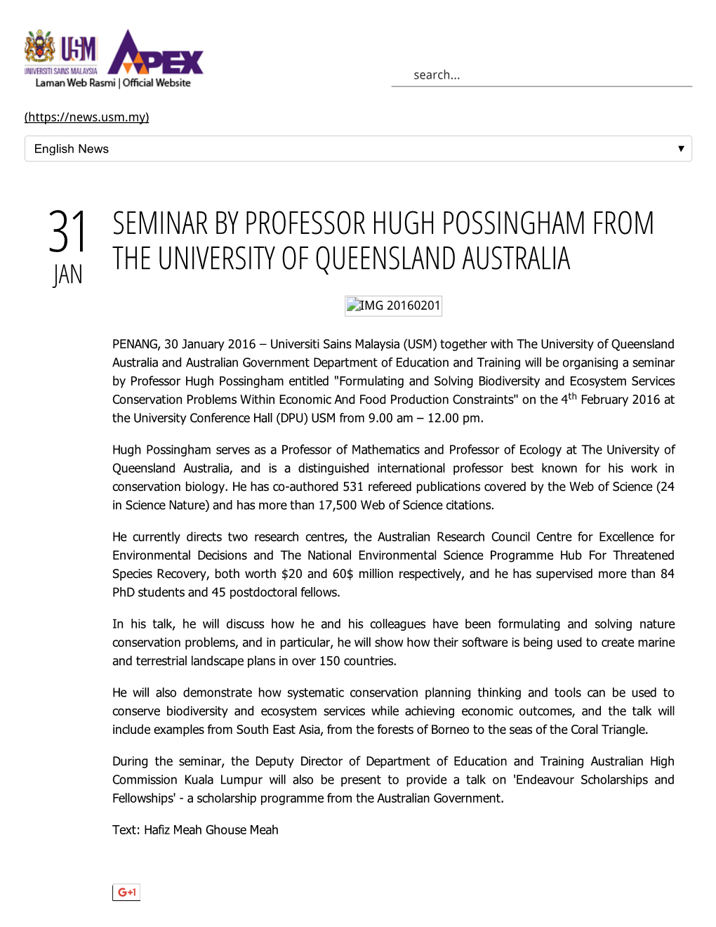 Seminar by Professor Hugh Possingham from The