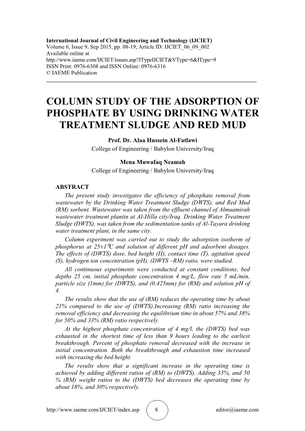 Column Study of the Adsorption of Phosphate by Using Drinking Water Treatment Sludge and Red Mud