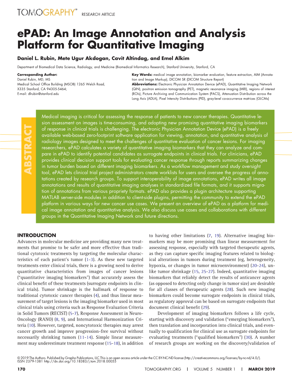 Epad: an Image Annotation and Analysis Platform for Quantitative Imaging