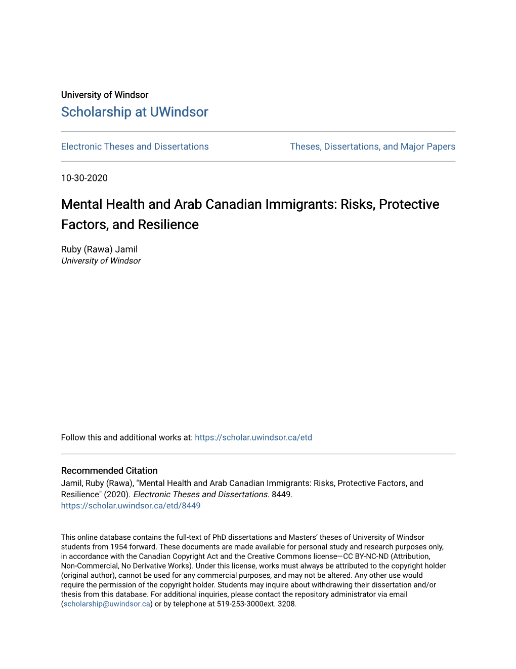 Mental Health and Arab Canadian Immigrants: Risks, Protective Factors, and Resilience