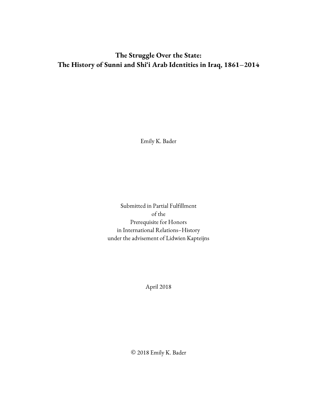 The History of Sunni and Shi'i Arab Identities in Iraq, 1861–2014