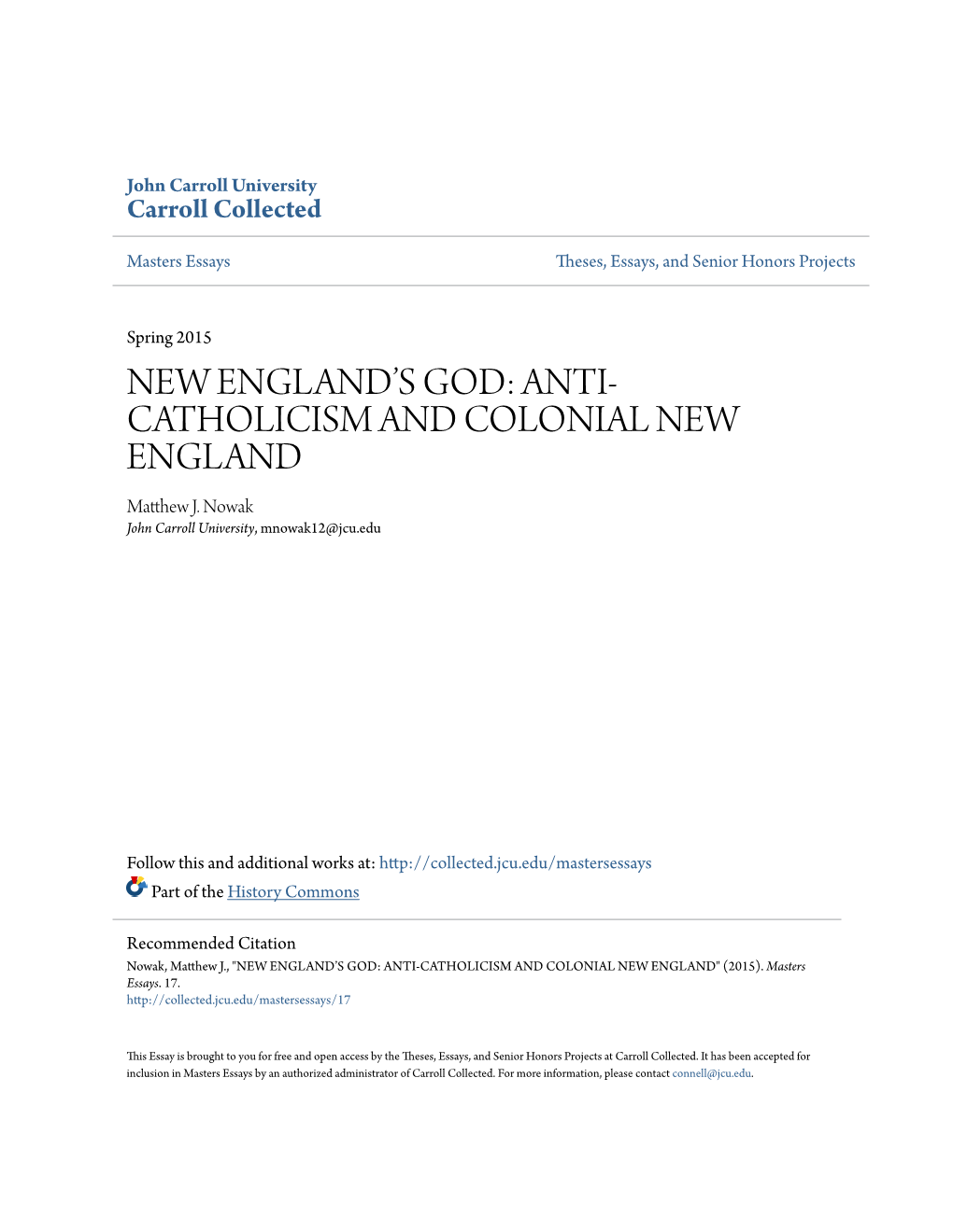 Anti-Catholicism and Colonial New England