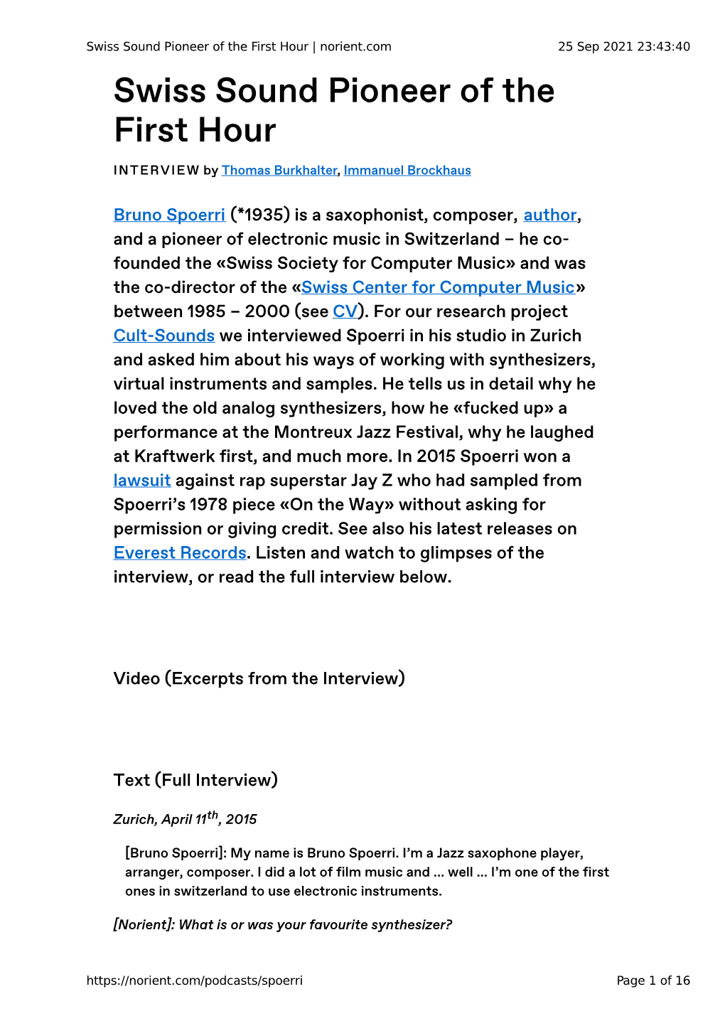 Swiss Sound Pioneer of the First Hour | Norient.Com 25 Sep 2021 23:43:40 Swiss Sound Pioneer of the First Hour INTERVIEW by Thomas Burkhalter, Immanuel Brockhaus
