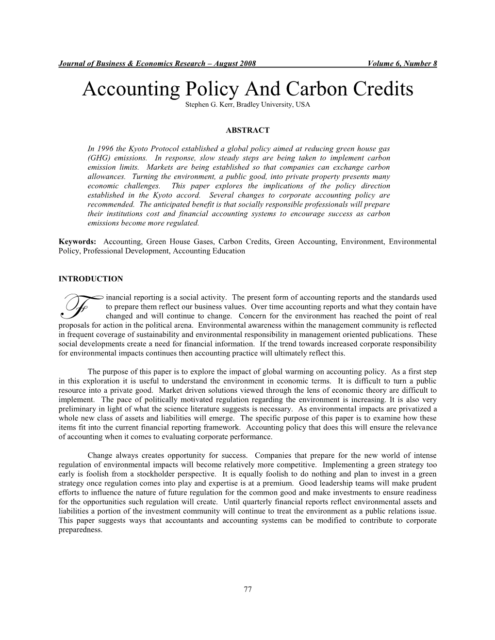 Accounting Policy and Carbon Credits Stephen G