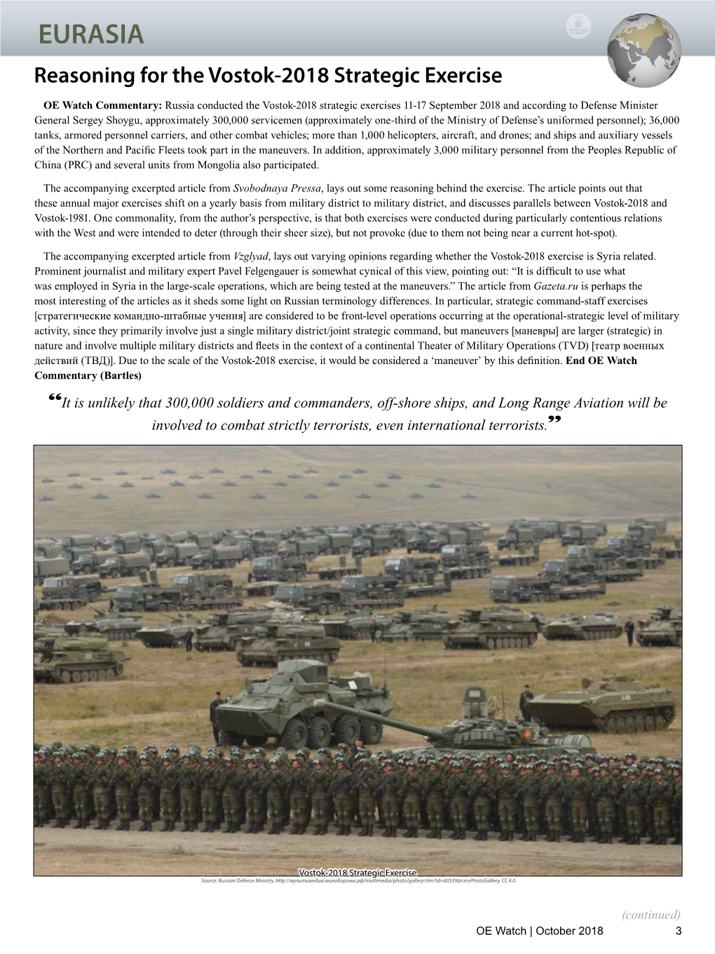 EURASIA Reasoning for the Vostok-2018 Strategic Exercise